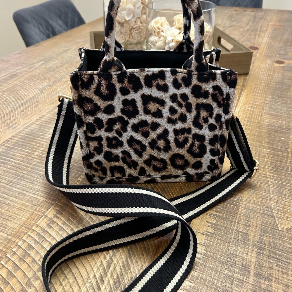 Leopard Print Women's Bag with Black and White Strap